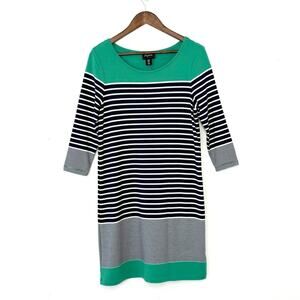 Heyton Striped Shift Dress Women M Green Navy White 3/4 Sleeve Modest Nautical